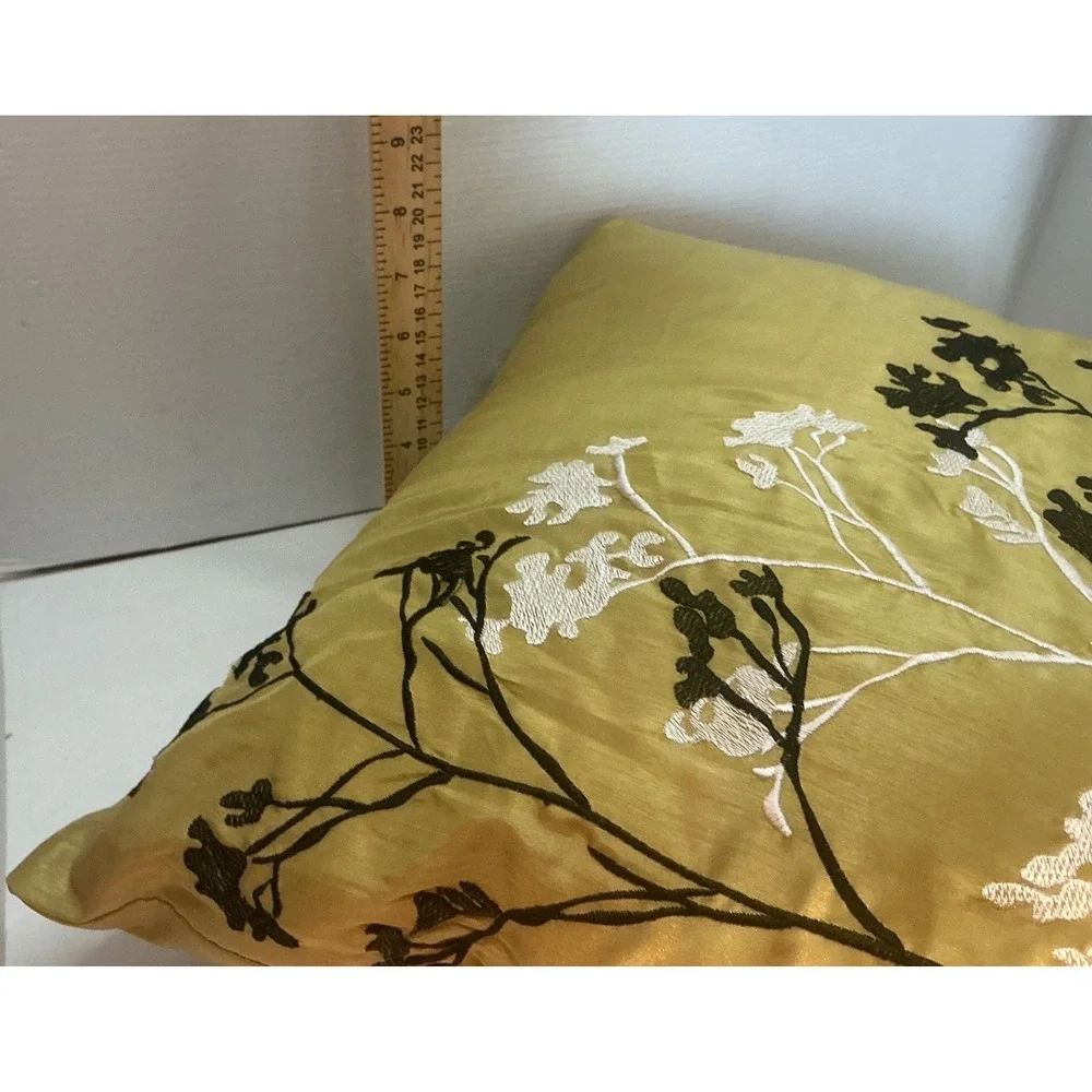 Gold Faux Silk Embroidered Floral Branch Throw Pillow 16x16 Modern